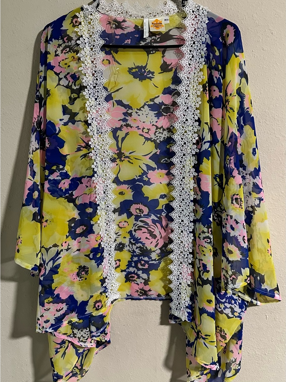Lace-Trim Floral Kimono in Yellow & Blue - Women's Lightweight Cover-Up